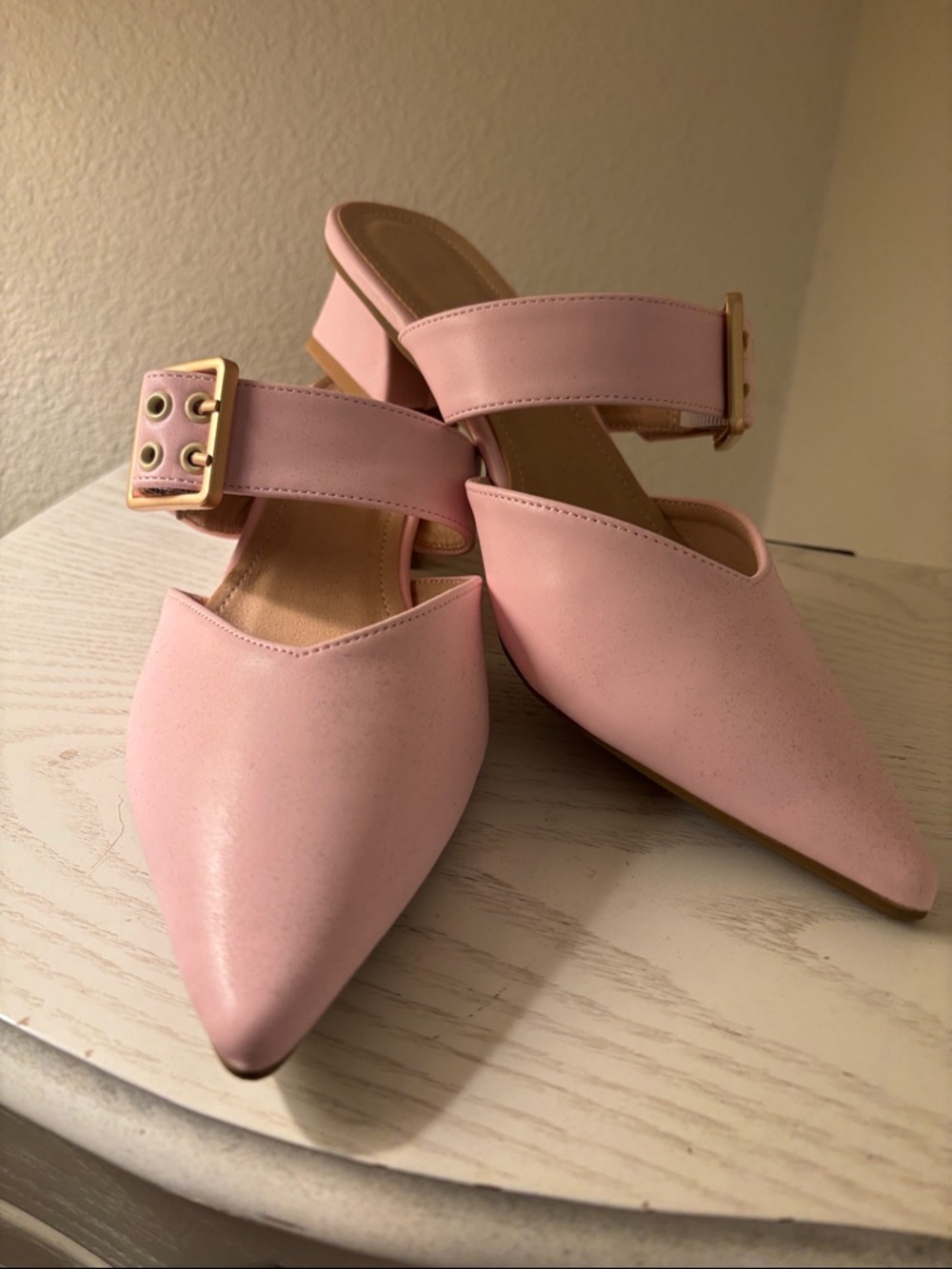 Pink Pointed Toe Block Heel Mules